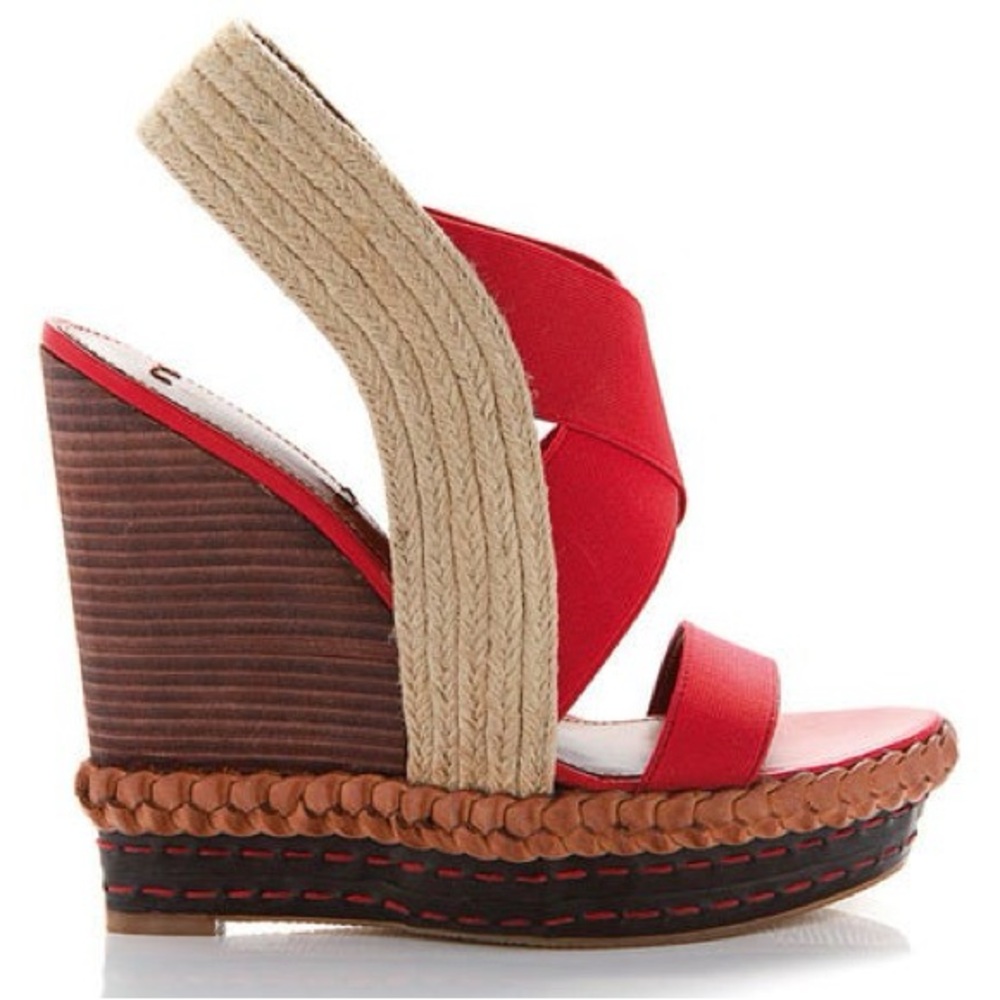 Red Wedge Sandals Size 6.5 Wooden Platform Summer Shoes